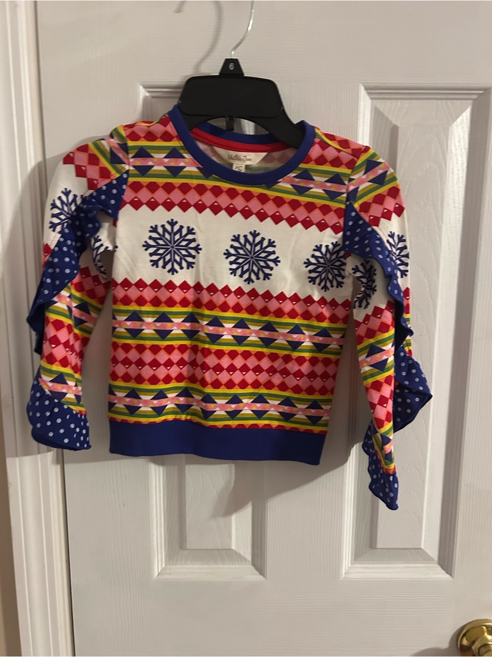 Matilda Jane Multicolor Snowflake Long Sleeve Top with Blue Ruffle Trim